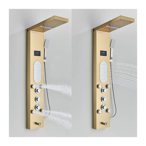RIBEUJIZS Digital Shower System showing Gold Shower Panel Column with various water modes and controls, stainless steel material.