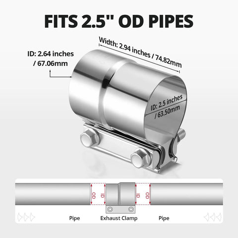 2.5 Inch Exhaust Lap Joint Band Clamp Stainless Steel 304 For Pipes Mufflers Catalytic Converters 1 Piece Easy Install