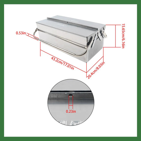Tough As Nails 16.5 Inch Rustproof Stainless Steel Toolbox With Two Reinforced Tiers And Three Quick Grab Trays showing measurements.