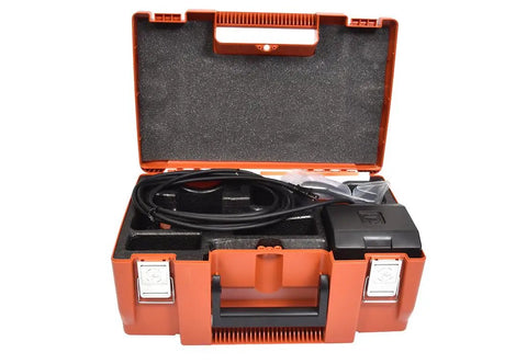 Open orange tool case with Fein SuperCut Sealant Cutter Knife Kit Pro Grade Oscillating Blade Tool accessories visible inside.