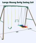 9.5 Foot Tall Swing Set For Backyard Setup With Platform Swing And Trapeze Bar Heavy Duty Metal Frame Green And Brown Outdoor Playground