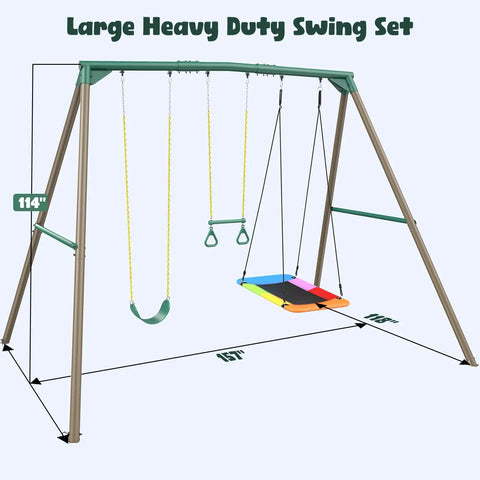 9.5 Foot Tall Swing Set For Backyard Setup With Platform Swing And Trapeze Bar Heavy Duty Metal Frame Green And Brown Outdoor Playground