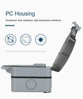 Tough As Nails IP66 Weatherproof Outdoor Electrical Outlet Box featuring shockproof PC housing and open lid for access.