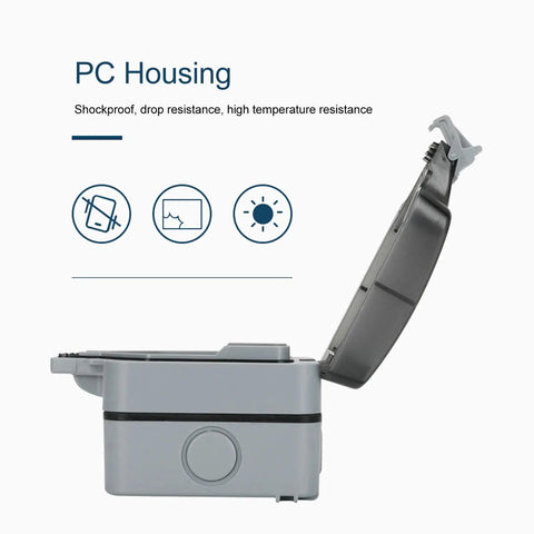 Tough As Nails IP66 Weatherproof Outdoor Electrical Outlet Box featuring shockproof PC housing and open lid for access.