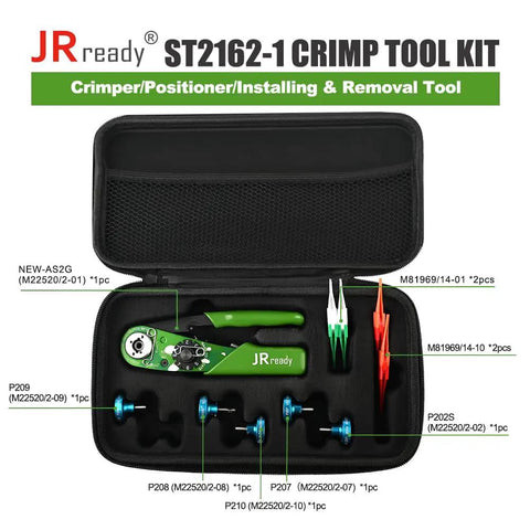 JRready ST2162-1 Crimp Tool Kit showing crimper and positioners in black zipper case for wire crimping projects.