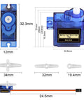Six Pack SG90 9G Micro Servo Motors Kit dimensions and accessories displayed.