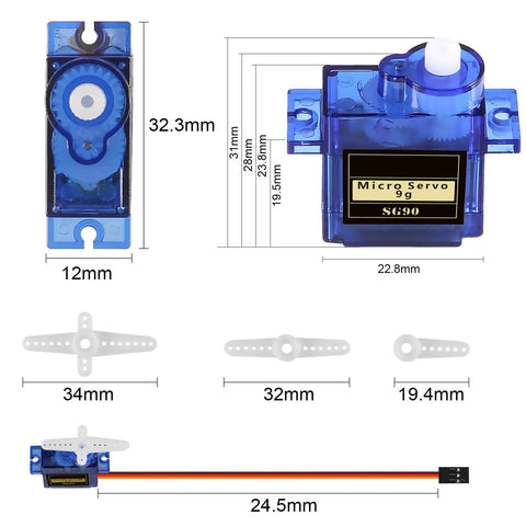 Six Pack SG90 9G Micro Servo Motors Kit dimensions and accessories displayed.