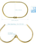 Shower Curtain Rings Set 12 Pcs Oval Snap Hooks Gold Finish Rust Proof Metal Curtain Rings For Smooth Glide On Rods No Fuss Snap On Installation Durable Bathroom Accessories with dimensions and adjustable hinge.