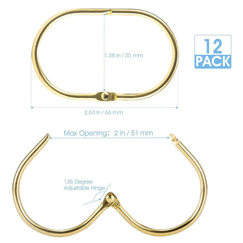 Shower Curtain Rings Set 12 Pcs Oval Snap Hooks Gold Finish Rust Proof Metal Curtain Rings For Smooth Glide On Rods No Fuss Snap On Installation Durable Bathroom Accessories with dimensions and adjustable hinge.