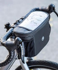 Bike Handlebar Insulated Cooler Bag With Front Phone Pouch And TPU Touch Screen on handlebars, 4L capacity, black color
