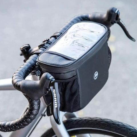 Bike Handlebar Insulated Cooler Bag With Front Phone Pouch And TPU Touch Screen on handlebars, 4L capacity, black color