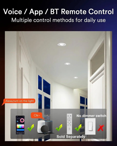 Lumary Smart Gimbal Recessed Lighting 4 Inch with app, voice, and remote control options for customizable illumination.