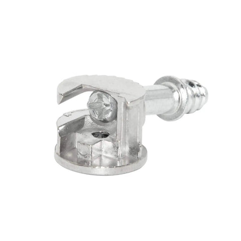 Heavy Duty Self Tapping Furniture Cabinet Connector Kit Featuring Zinc Plated Cam Locks And Precision Steel Dowels with metal cam lock connector close-up.