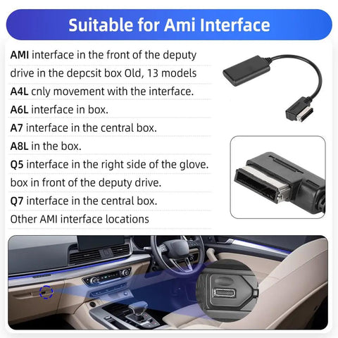 Aux Music Interface Adapter For Audi And VW With AMI 3G System Plug And Play Car Audio Cable 2010 To 2023 diagram and adapter.