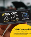 Hand holding box labeled 'PRO-CUT 50-742 Premium Cutting Tips' for brake lathe systems, 10 pack, Made in USA.