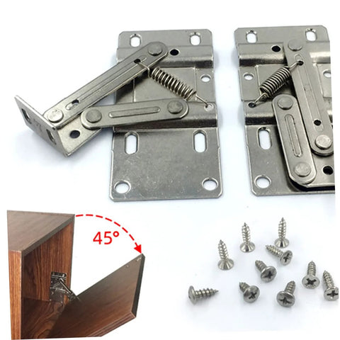 Front view: Hidden spring cabinet hinge set, 4pcs, metal silver with mounting plates and screws (installed example)