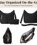 Everywhere Bagg Hobo Crossbody Bag With RFID Wristlet for Women, water-resistant, multiple pockets, open interior view, black nylon