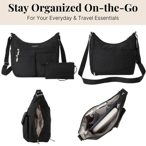 Everywhere Bagg Hobo Crossbody Bag With RFID Wristlet for Women, water-resistant, multiple pockets, open interior view, black nylon