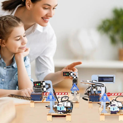 4 In 1 ESP32 STEM Smart Traffic Kit Compatible With Arduino Hands On Robotics And Coding Set Engineering Project STEAM Activity Gift For School And Home Education Kid Friendly For Ages 12 Plus Learn To Build Code And Create, mother and child using traffic light model