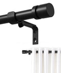 Close-up of heavy duty black curtain rod set with adjustable length from 32 to 58 inches, 1 inch diameter, rustproof metal pole and brackets