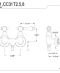 Technical drawing of Vintage Wall Mount Tub Faucet In Oil Rubbed Bronze With 3-3/8 Inch Reach, dimensions labeled.