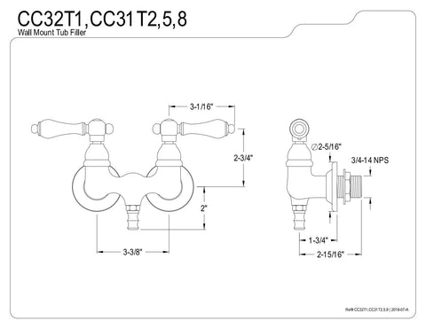 Technical drawing of Vintage Wall Mount Tub Faucet In Oil Rubbed Bronze With 3-3/8 Inch Reach, dimensions labeled.