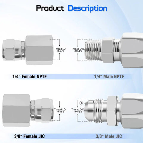 Hydraulic Swivel Adapter Set Of Two One Quarter Inch NPTF Female To Three Eighths Inch JIC Thirty Seven Degree Flare Swivel Fittings For Leak Free Hydraulic System Industrial Grade Durable Go To Heavy Duty, metal fittings