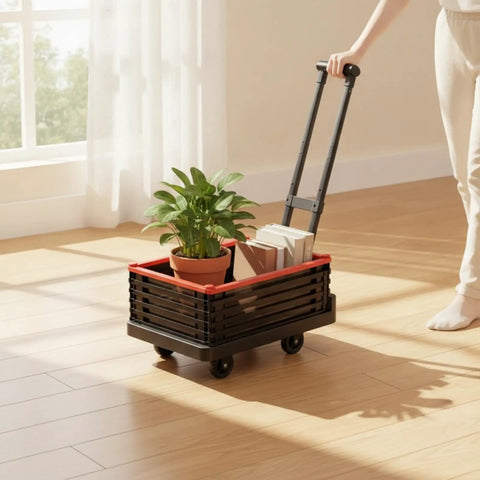 Foldable Grocery Trolley With Basket Hand Push Cart With Long Handle And Detachable Panel, Quiet Swivel Wheels, Lightweight Black Utility Wagon For Shopping And Your Everyday Hauls On The Go, black slatted cart with potted plant