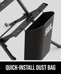 Built Tough 15 Amp 8 1/4 Inch Compact Table Saw With Quick Release Folding Stand And Knockout 2 1/2 Inch Max Depth dust bag attachment.