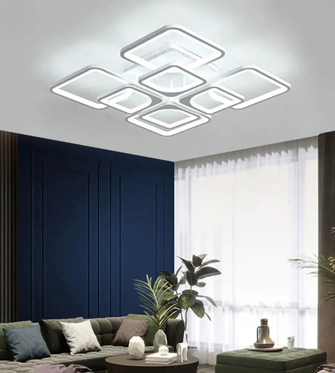 Modern LED Flush Mount Ceiling Light With Remote Control 8 Head Square Fixture In White Acrylic and Metal over living room