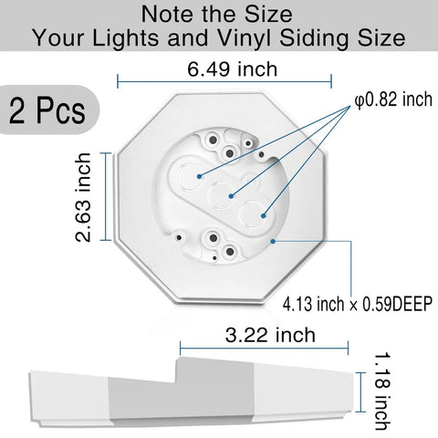 Octagonal Vinyl Siding Mounting Kit With Built In Electrical Box For One Half Inch Lap Siding, Vertical Siding Lamp Mounting Plate, No Brainer DIY Outdoor Lighting Mount On White Siding, 2 Pack, size diagram