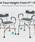 Heavy Duty Shower Chair For Elderly And Disabled With Padded Armrests And Back Adjustable Height Bath Seat Built Tough Non Skid Base Solid Grip Zero Worries Everyday Bathroom Safety Blue with adjustable height from 17 to 21 inches.