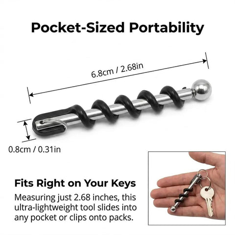 Pocket Size Wine Opener Keychain With Stainless Steel Corkscrew, Waiter Style Bottle Opener showing dimensions and key attachment