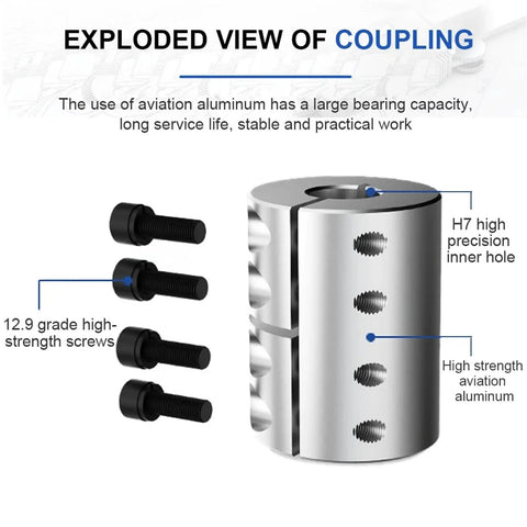 Exploded view of Heavy Duty Aluminum Spider Shaft Coupling For 3D Printer D16Rigid Motor Connector with high-strength screws.