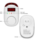 Plug In Carbon Monoxide Alarm With LED Display And Voice Alert, detailed front and back view, 3 pack for family safety.