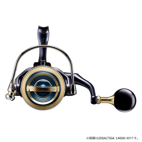 Front view of Saltiga Spinning Reel 20 14000-XH 2020 Model with egg knob handle and heavy-duty construction for offshore fishing.