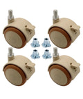 Smooth As Butter Rubber Casters With Brakes 4 Pack Threaded Stem furniture rollers in beige with metal attachments.