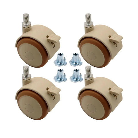 Smooth As Butter Rubber Casters With Brakes 4 Pack Threaded Stem furniture rollers in beige with metal attachments.