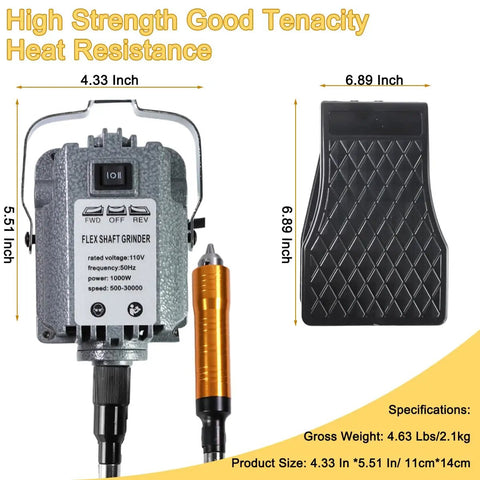 Hella Reliable 1000W Flex Shaft Rotary Tool with Easy Grip Foot Pedal, showing power settings and flexible shaft dimensions.