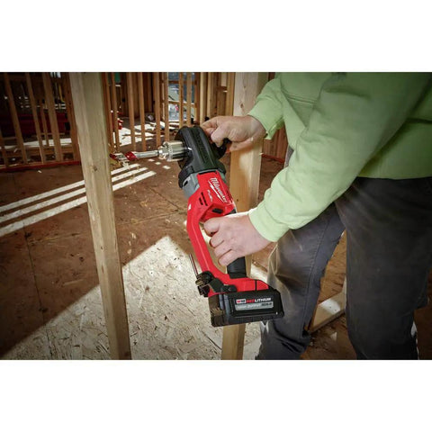 Person using Beast Mode Brushless M18 FUEL Hole Hawg Half Inch Cordless Right Angle Drill Tool Only for tight spaces