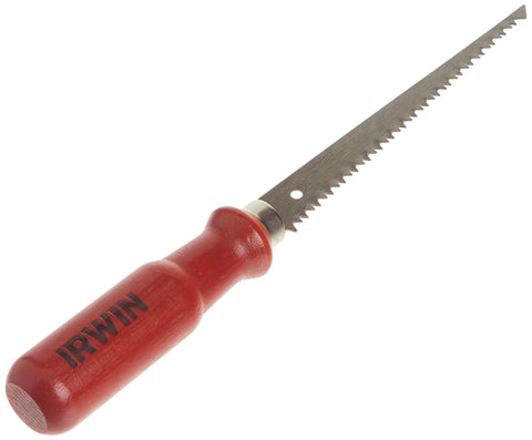 IRWIN drywall jab saw with red handle and serrated blade