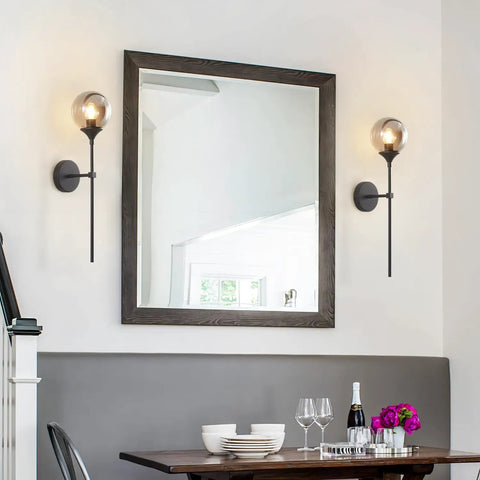 Interior with Sleek Smoke Grey Glass Globe Wall Sconce In Black Matte Finish With Slim Long Wall Mount Lamp Vintage Industrial Vibe