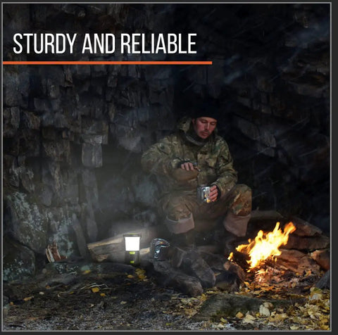 Beast Mode 2000 Lumen Camping Lantern With All Day Battery Life and 360 Degree Light Control beside campfire