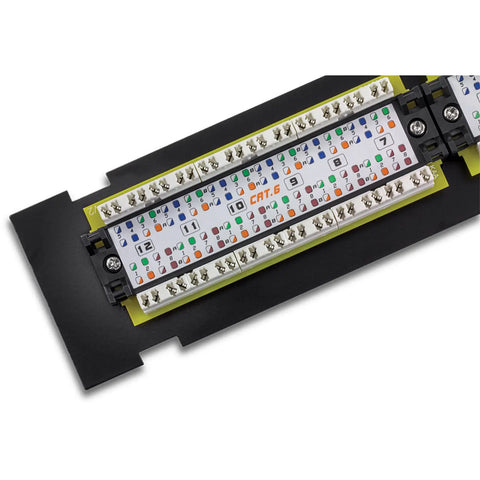 Close-up of the 12 Port Cat6 Unshielded Patch Panel Wall Mount with 89D bracket showcasing 110 IDC terminal blocks, shown in black.