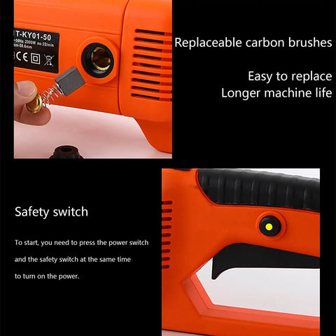 Close-up of Upgraded Portable Electric Pipe Threader 2300W Pure Copper Motor with safety switch and replaceable carbon brushes.