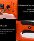 Detail of Heavy-Duty 2300W Handheld Electric Pipe Threader Kit with replaceable carbon brushes and safety switch.