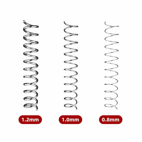 Three coiled wires of different diameters 1.2mm, 1.0mm, and 0.8mm compared side by side for soldering applications.