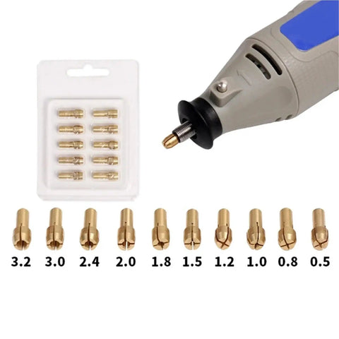 Get Your Mini Brass Chuck Drill Set With M8 Nuts And 0.5 To 3.2mm Collets For Perfect Jewelry Grinding And Rotary Tool Accessory Work with 10 collets.