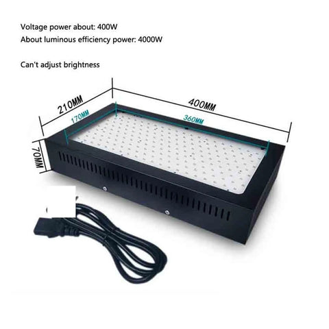 Top Notch 4000W Led UV Cure Lamp With 365Nm 395Nm And 405Nm Bands, showing dimensions and power cord, ideal for resin printing.
