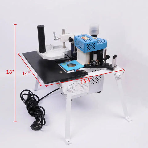 Portable Manual Edge Banding Machine With Glue System for Woodworking 10 To 45mm Banding Tape, shown with dimensions